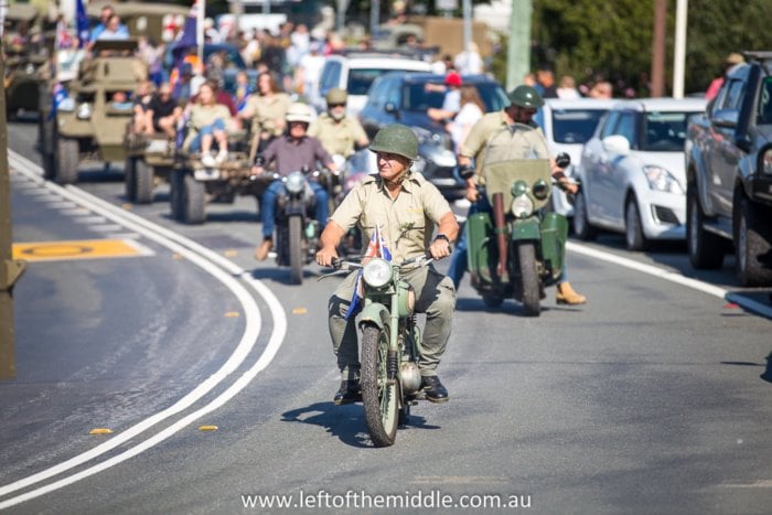 ANZAC parade at Wangi RSL with veterans riding classic military motorcycles