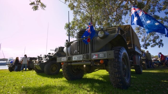 ANZAC military vehicles displayed with Australian flags at Wangi RSL commemoration