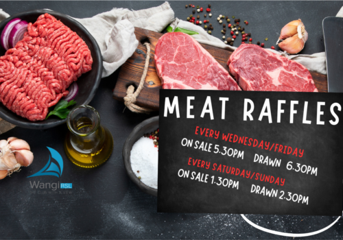 Wangi RSL Club meat raffles banner showing steaks and mince with raffle times