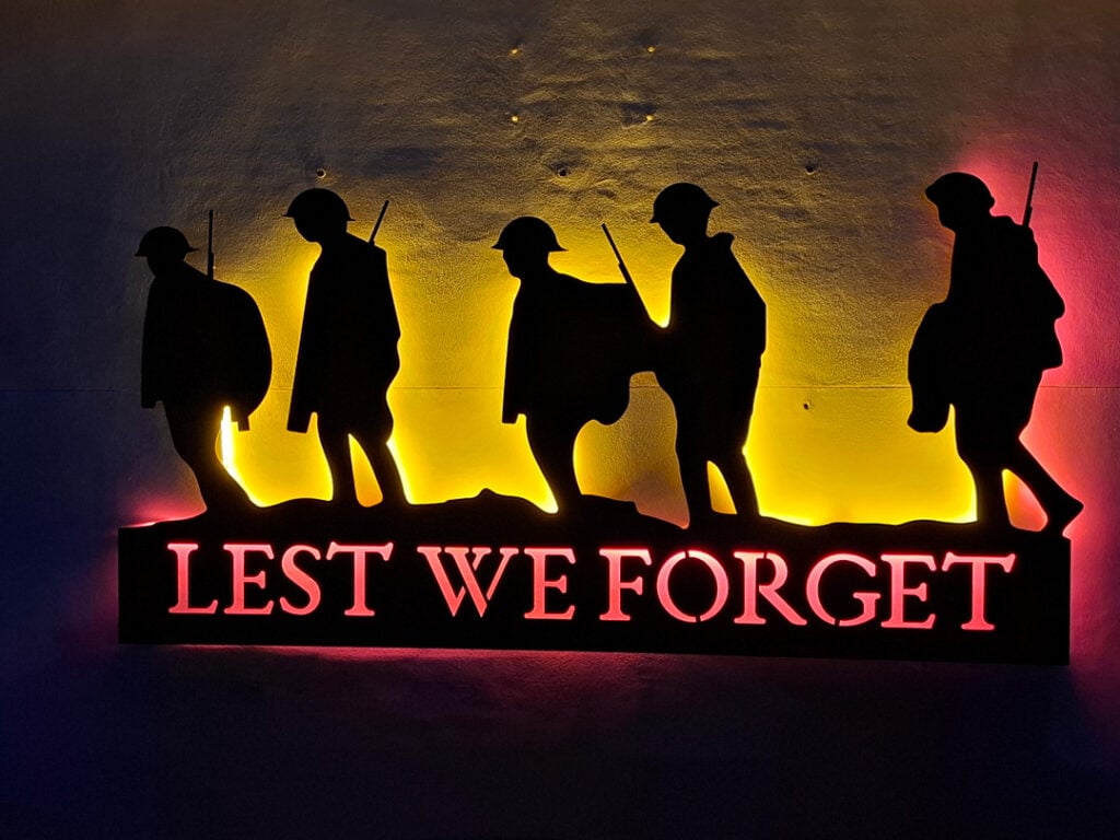 Lest We Forget illuminated soldier silhouette sign displayed at Wangi RSL Club